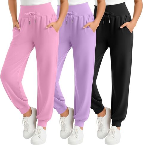 3 Pack Girls Sweatpants Kids Joggers Pants with Pockets Elastic High Wide Waistband Casual Athletic Pants 5-14 Years in Saudi Arabia