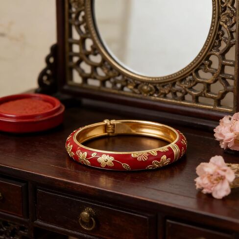 Cloisonne Handcrafted Enameled Bracelet,Flower Shaped Enamel Bling Chunky Bangle Trendy Cute Colorful Gold Plated Vintage Bracelets Stackable Wife Jewelry Friendship Gift in Kuwait