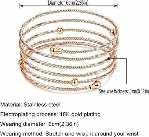 HEYU 18K Gold Plated Multi Layer Wire Cuff Bracelet for Women, Adjustable Twisted Cable Open Bangle, Stainless Steel Stackable Waterproof Minimalist Jewelry Gift in Saudi Arabia