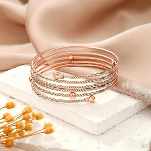 HEYU 18K Gold Plated Multi Layer Wire Cuff Bracelet for Women, Adjustable Twisted Cable Open Bangle, Stainless Steel Stackable Waterproof Minimalist Jewelry Gift in Saudi Arabia