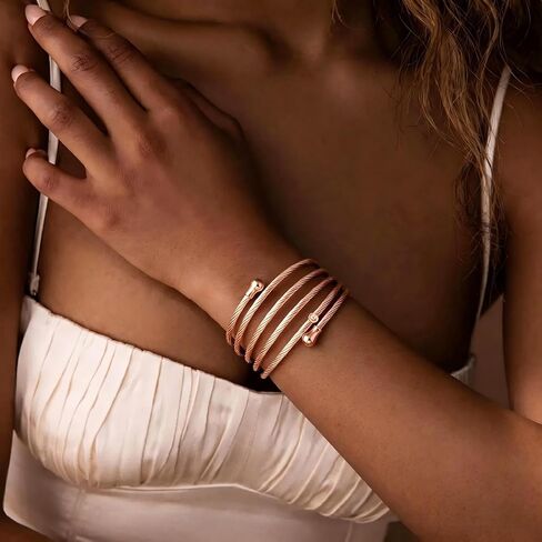 HEYU 18K Gold Plated Multi Layer Wire Cuff Bracelet for Women, Adjustable Twisted Cable Open Bangle, Stainless Steel Stackable Waterproof Minimalist Jewelry Gift in Saudi Arabia