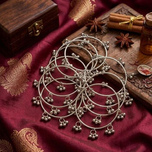 8 pc Kashmiri Silver Polish Indian Latkan Bangles for Women Ethnic Traditional Ghungroo Chudi Bracelet Kada Set Birthday Valentines Gifts in Kuwait