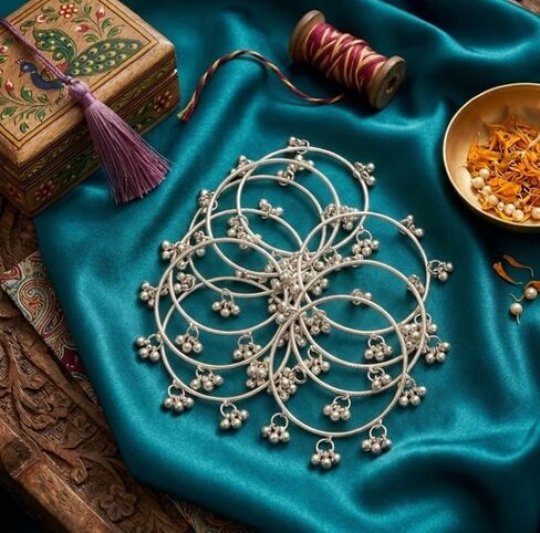 8 pc Kashmiri Silver Polish Indian Latkan Bangles for Women Ethnic Traditional Ghungroo Chudi Bracelet Kada Set Birthday Valentines Gifts in Kuwait