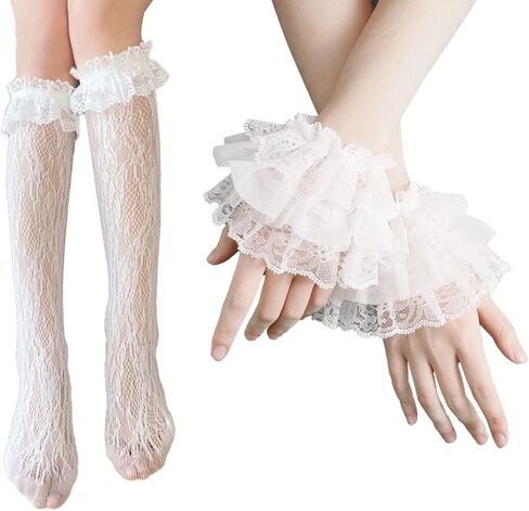 Lolita Lace Ruffle Gloves and Socks Set, White Lace Cuffs, 1920s Style Costume Accessories, for Halloween, Wedding in Saudi Arabia