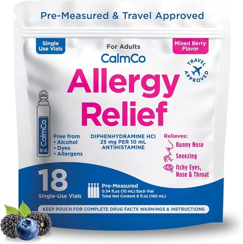 CalmCo Adult Liquid Allergy Relief – Pre-Measured Vials with Diphenhydramine HCl 25mg, Allergy Medicine for Ages 12+, Antihistamine for Sneezing, Runny Nose & Itchy Eyes, Mixed Berry Flavor, 18 Count in Saudi Arabia