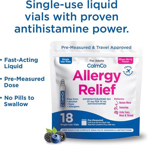 CalmCo Adult Liquid Allergy Relief – Pre-Measured Vials with Diphenhydramine HCl 25mg, Allergy Medicine for Ages 12+, Antihistamine for Sneezing, Runny Nose & Itchy Eyes, Mixed Berry Flavor, 18 Count in Saudi Arabia