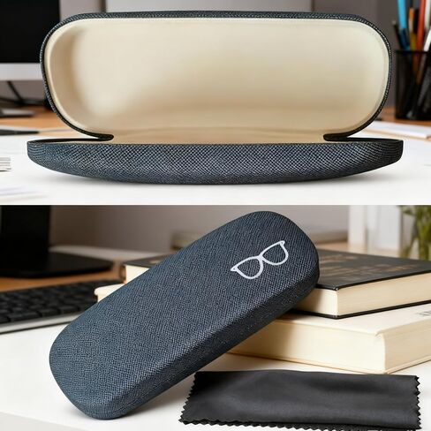 Hard Shell Glasses Case, Black Protective Eyewear Case with Soft Interior and Cleaning Cloth, 15x6cm Size for Spectacles and Sunglasses, Travel-Friendly Design in Kuwait