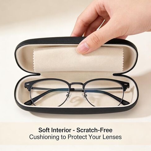 Hard Shell Glasses Case, Black Protective Eyewear Case with Soft Interior and Cleaning Cloth, 15x6cm Size for Spectacles and Sunglasses, Travel-Friendly Design in Kuwait