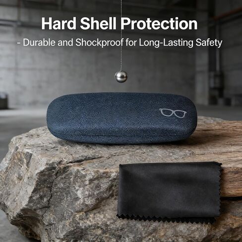 Hard Shell Glasses Case, Black Protective Eyewear Case with Soft Interior and Cleaning Cloth, 15x6cm Size for Spectacles and Sunglasses, Travel-Friendly Design in Kuwait