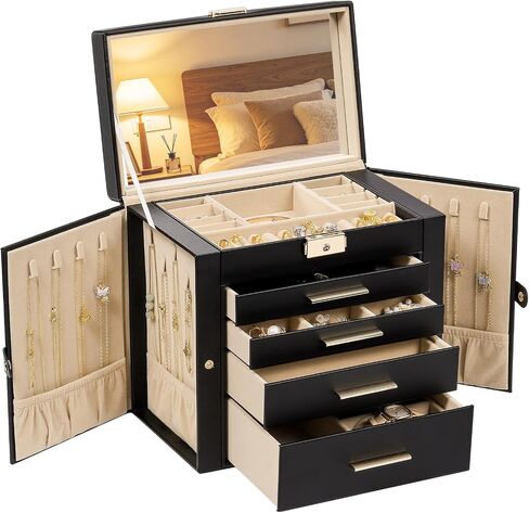 Synthetic Leather Huge Jewelry Box Mirrored Watch Organizer Necklace Ring Earring Storage Lockable Gift Case (White) in Kuwait