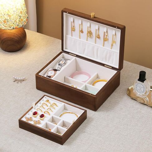 Black Walnut Wooden Jewelry Box, 2 Layer Natural Solid Wood Jewelry Organizer with Removable Tray for Necklace Ring Earrings Watch Bracelet, Velvet Lined Storage Box Gifts for Mom, Women, Girls in Saudi Arabia
