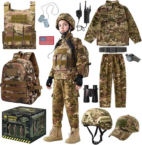 Klocerg 13Pcs Kids Military Uniform Tactical Gear, Boys 4-14 Army Camo Special Forces Halloween Costume, Vest Helmet Gift Box in Saudi Arabia