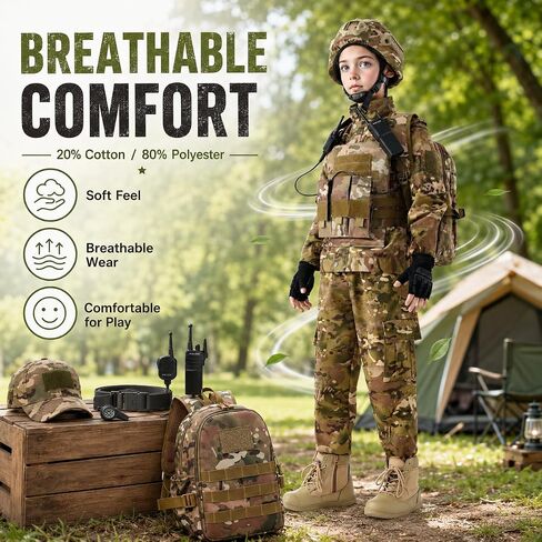 Klocerg 13Pcs Kids Military Uniform Tactical Gear, Boys 4-14 Army Camo Special Forces Halloween Costume, Vest Helmet Gift Box in Saudi Arabia