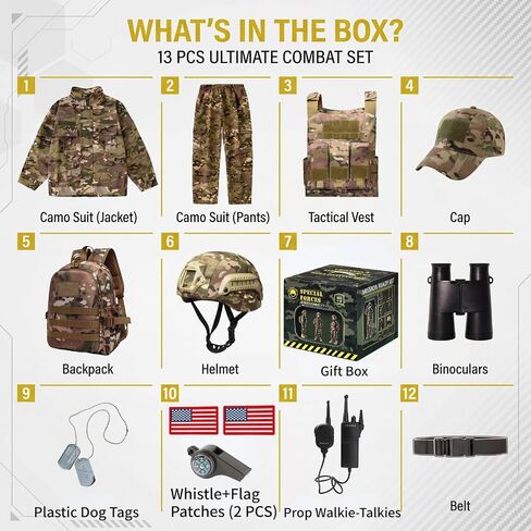 Klocerg 13Pcs Kids Military Uniform Tactical Gear, Boys 4-14 Army Camo Special Forces Halloween Costume, Vest Helmet Gift Box in Saudi Arabia