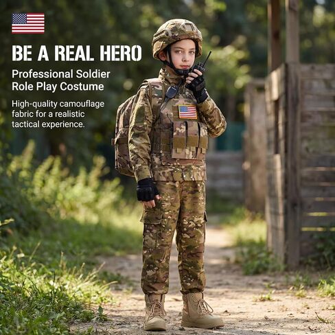 Klocerg 13Pcs Kids Military Uniform Tactical Gear, Boys 4-14 Army Camo Special Forces Halloween Costume, Vest Helmet Gift Box in Saudi Arabia