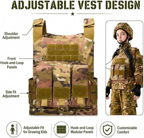 Klocerg 13Pcs Kids Military Uniform Tactical Gear, Boys 4-14 Army Camo Special Forces Halloween Costume, Vest Helmet Gift Box in Saudi Arabia