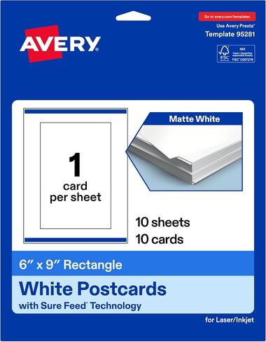 Avery Printable Rectangle Cards, Sure Feed Technology, 6" x 9", Matte White Cardstock, Print-to-the-Edge, Laser/Inkjet Cards, 50 Total in Saudi Arabia