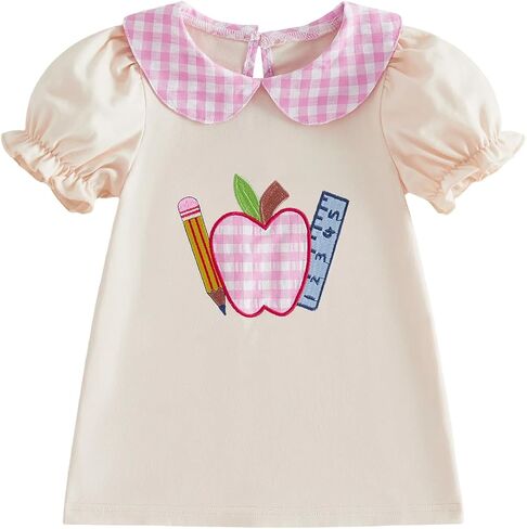 Toddler Baby Girl Back to School Smocked Dress Short Sleeve Doll Collar Apple Print Casual Dress Summer Cute Clothes in Kuwait