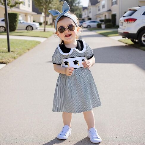 Toddler Baby Girl Back to School Smocked Dress Short Sleeve Doll Collar Apple Print Casual Dress Summer Cute Clothes in Kuwait