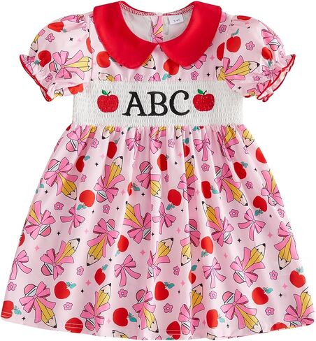 Toddler Baby Girl Back to School Smocked Dress Short Sleeve Doll Collar Apple Print Casual Dress Summer Cute Clothes in Kuwait