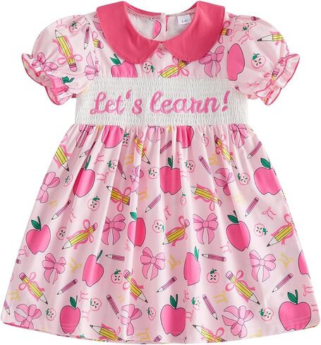 Toddler Baby Girl Back to School Smocked Dress Short Sleeve Doll Collar Apple Print Casual Dress Summer Cute Clothes in Kuwait