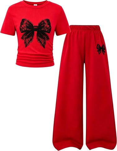 Yoxindax Girls 2 Piece Outfits Bow Tie Short Sleeve Crop Tops and Wide Leg Pants Set Kids Casual Summer Clothes 7-14 Years in Saudi Arabia