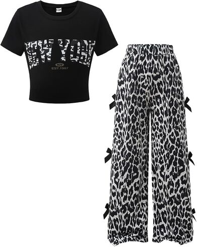 9-14 Years Girls 2 Piece Outfit Short Sleeve Top + Leopard print Bow Cargo Pants Spring and Fall Tween Girls Clothing in Kuwait