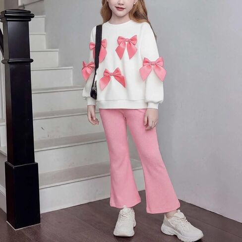 Girl's Long Sleeve Bow Flared Elastic Waist Pant Casual Soft Relaxed Fit Ribb Sets Spring Summer 2 Piece Outfit in Kuwait