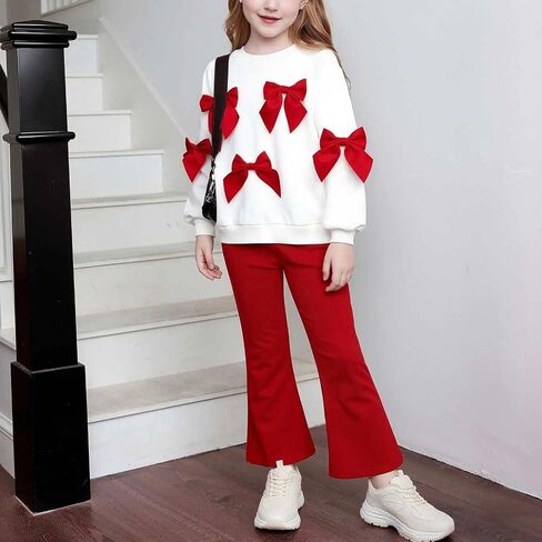 Girl's Long Sleeve Bow Flared Elastic Waist Pant Casual Soft Relaxed Fit Ribb Sets Spring Summer 2 Piece Outfit in Kuwait