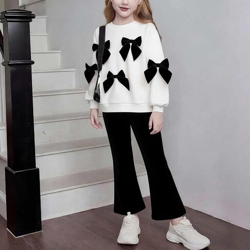 Girl's Long Sleeve Bow Flared Elastic Waist Pant Casual Soft Relaxed Fit Ribb Sets Spring Summer 2 Piece Outfit in Kuwait