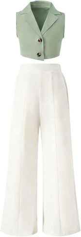 Ayzozuy Tween Girls' Outfits Solid Color Lapel Neck Single-Breasted Vest And 2PC Clothes Pants Set in Saudi Arabia