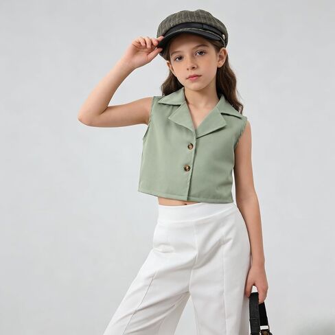 Ayzozuy Tween Girls' Outfits Solid Color Lapel Neck Single-Breasted Vest And 2PC Clothes Pants Set in Saudi Arabia