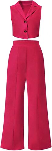 Ayzozuy Tween Girls' Outfits Solid Color Lapel Neck Single-Breasted Vest And 2PC Clothes Pants Set in Saudi Arabia