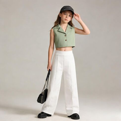 Ayzozuy Tween Girls' Outfits Solid Color Lapel Neck Single-Breasted Vest And 2PC Clothes Pants Set in Saudi Arabia
