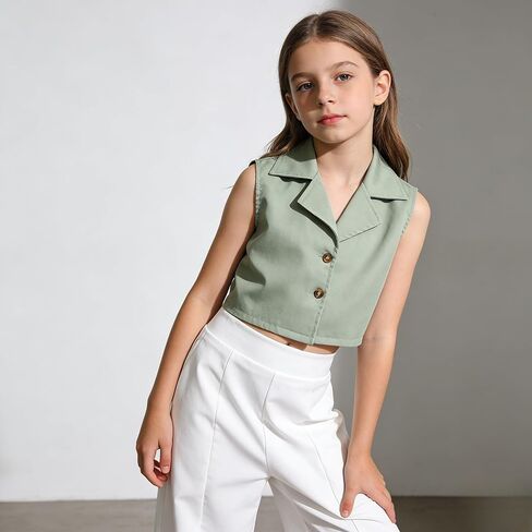 Ayzozuy Tween Girls' Outfits Solid Color Lapel Neck Single-Breasted Vest And 2PC Clothes Pants Set in Saudi Arabia