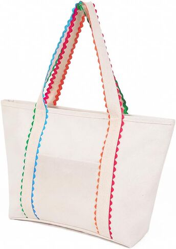 Aspire Large Canvas Tote Bag with Colored Accent Scalloped Handles, Beach Tote Bag with Exterior Pocket Zipper Closure-Natural in Saudi Arabia