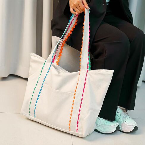 Aspire Large Canvas Tote Bag with Colored Accent Scalloped Handles, Beach Tote Bag with Exterior Pocket Zipper Closure-Natural in Saudi Arabia