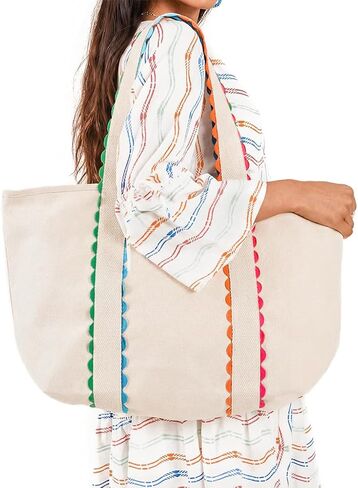 Aspire Large Canvas Tote Bag with Colored Accent Scalloped Handles, Beach Tote Bag with Exterior Pocket Zipper Closure-Natural in Saudi Arabia