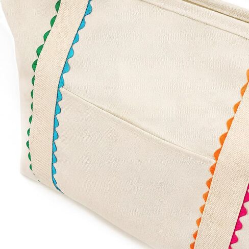 Aspire Large Canvas Tote Bag with Colored Accent Scalloped Handles, Beach Tote Bag with Exterior Pocket Zipper Closure-Natural in Saudi Arabia