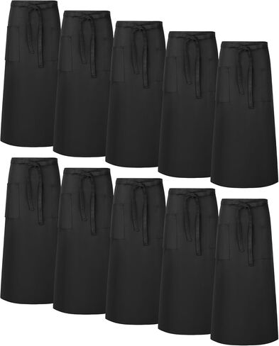 Xtinmee 10 Pcs Bistro Aprons 2 Pockets 32 Inch Waterproof Half Waist Black Bistro Apron with Long Waist Ties for Server Chef Waiter Waitress Bartender in Kuwait