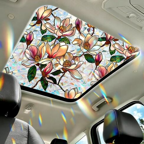 Pink Magnolia Window Privacy Film Rainbow Film Decorative, 3D Static Stained Glass Window Cling for Glass Door Room Wedding Valentines Stickers, 16.9" x 39.4" in Saudi Arabia