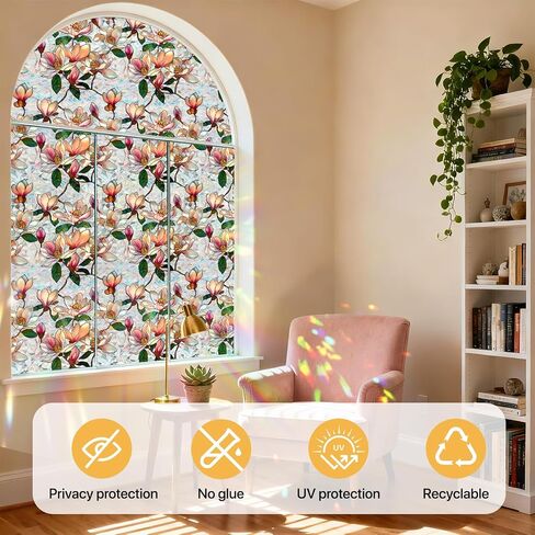 Pink Magnolia Window Privacy Film Rainbow Film Decorative, 3D Static Stained Glass Window Cling for Glass Door Room Wedding Valentines Stickers, 16.9" x 39.4" in Saudi Arabia