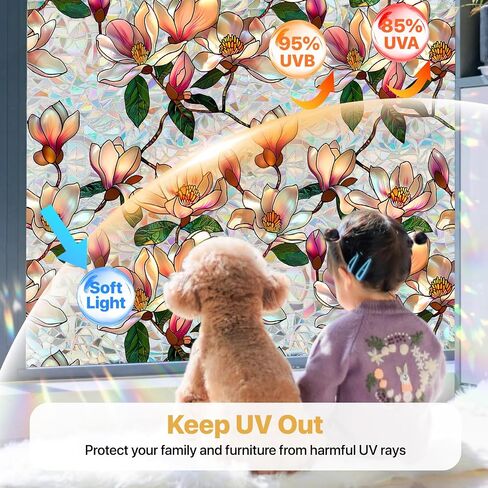 Pink Magnolia Window Privacy Film Rainbow Film Decorative, 3D Static Stained Glass Window Cling for Glass Door Room Wedding Valentines Stickers, 16.9" x 39.4" in Saudi Arabia