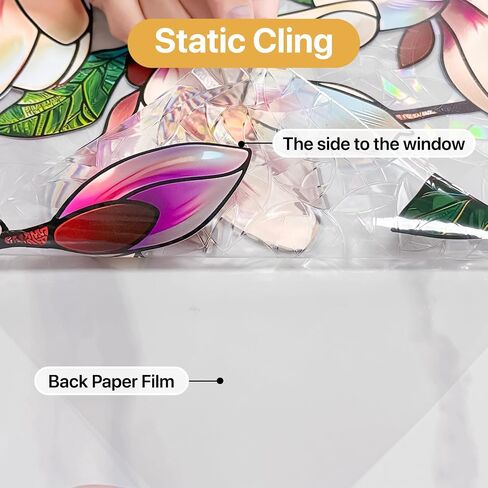 Pink Magnolia Window Privacy Film Rainbow Film Decorative, 3D Static Stained Glass Window Cling for Glass Door Room Wedding Valentines Stickers, 16.9" x 39.4" in Saudi Arabia