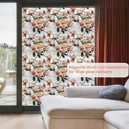 Pink Magnolia Window Privacy Film Rainbow Film Decorative, 3D Static Stained Glass Window Cling for Glass Door Room Wedding Valentines Stickers, 16.9" x 39.4" in Saudi Arabia