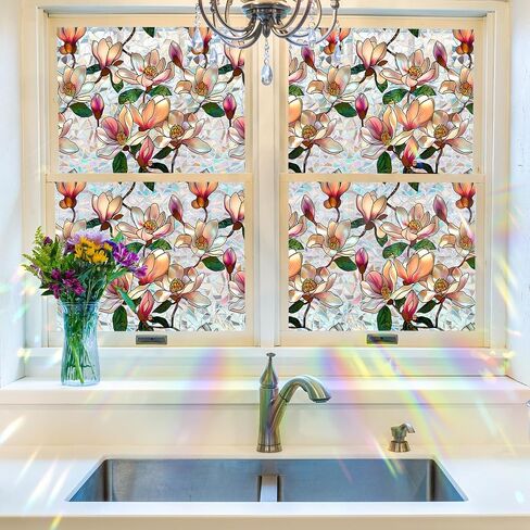 Pink Magnolia Window Privacy Film Rainbow Film Decorative, 3D Static Stained Glass Window Cling for Glass Door Room Wedding Valentines Stickers, 16.9" x 39.4" in Saudi Arabia