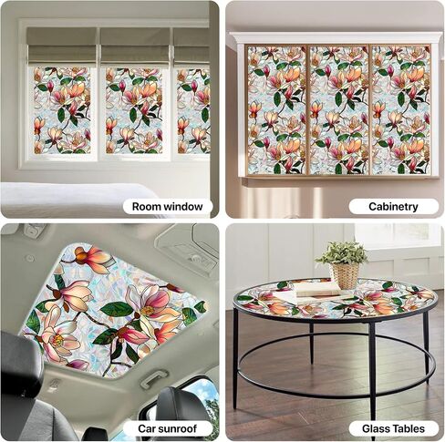 Pink Magnolia Window Privacy Film Rainbow Film Decorative, 3D Static Stained Glass Window Cling for Glass Door Room Wedding Valentines Stickers, 16.9" x 39.4" in Saudi Arabia