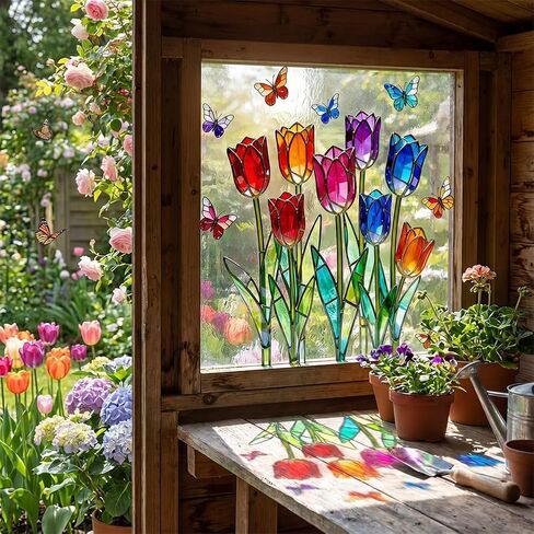 1PC Stained Glass Window Cling, Tulip Pattern Decorative Window Sticker for Bedroom Home Window Decoration in Kuwait