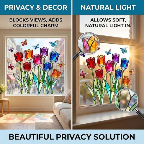 1PC Stained Glass Window Cling, Tulip Pattern Decorative Window Sticker for Bedroom Home Window Decoration in Kuwait