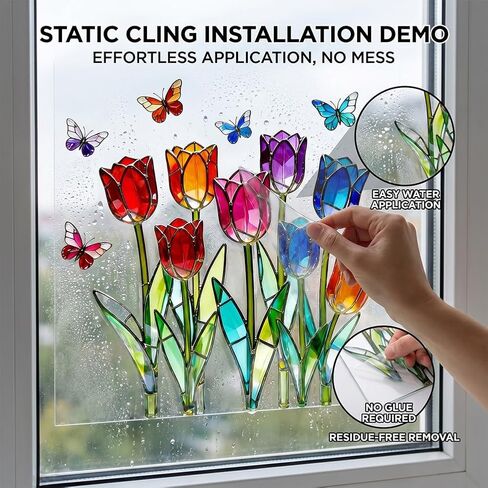 1PC Stained Glass Window Cling, Tulip Pattern Decorative Window Sticker for Bedroom Home Window Decoration in Kuwait